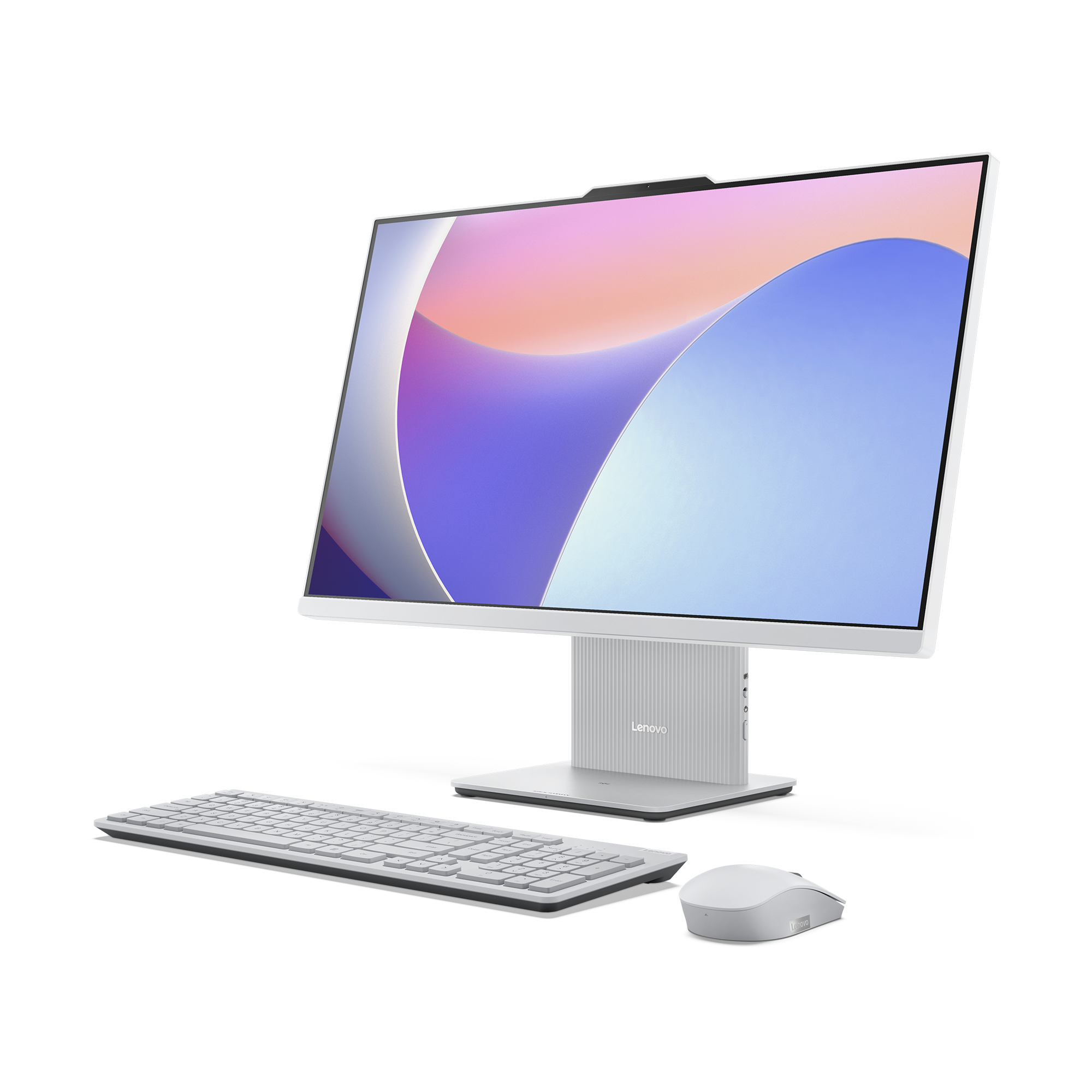 Ein weißer Lenovo All-in-One-Computer mit Tastatur und Maus. Der Bildschirm zeigt ein abstraktes farbenfrohes Bild.