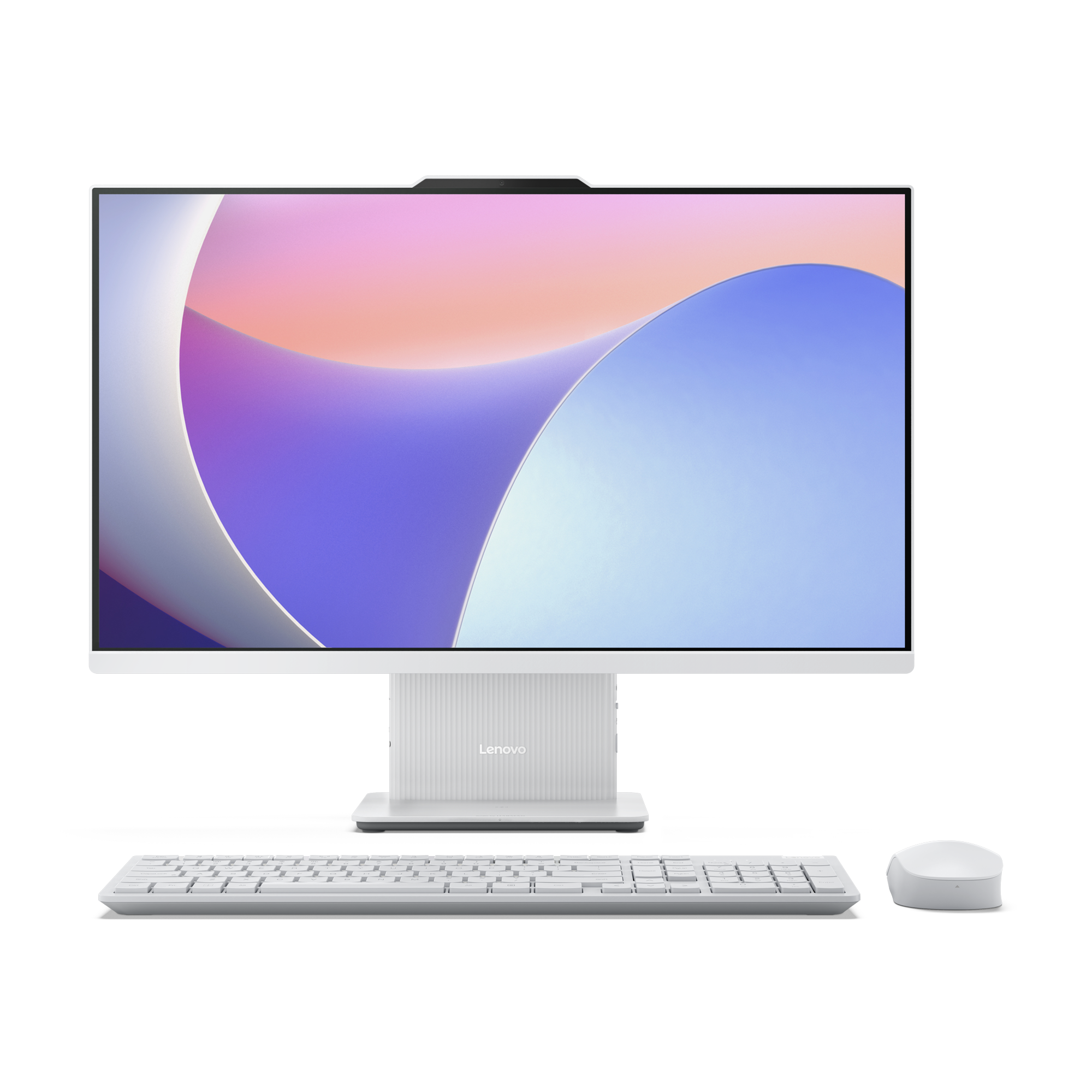 Weißer Lenovo-All-in-One-Computer mit Tastatur und Maus. Der Bildschirm zeigt ein farbenfrohes abstraktes Bild.