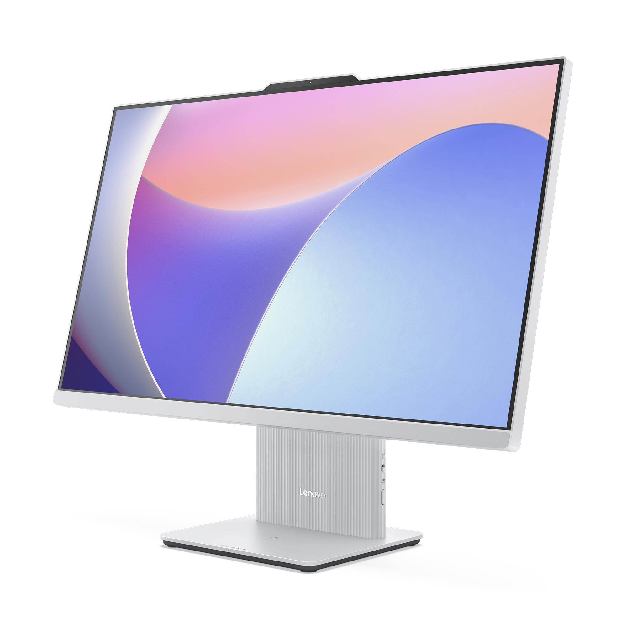 Ein weißer Lenovo-Monitor mit gebogenem Bildschirm zeigt ein farbenfrohes, abstraktes Design. Der Monitor steht auf einem weißen Ständer.