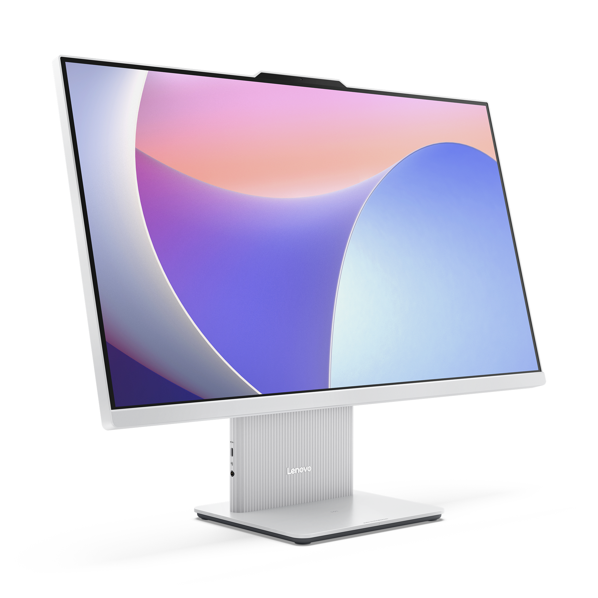 Ein weißer Lenovo-All-in-One-Computer mit einem gewölbten Bildschirm. Der Bildschirm zeigt einen bunten abstrakten Hintergrund.