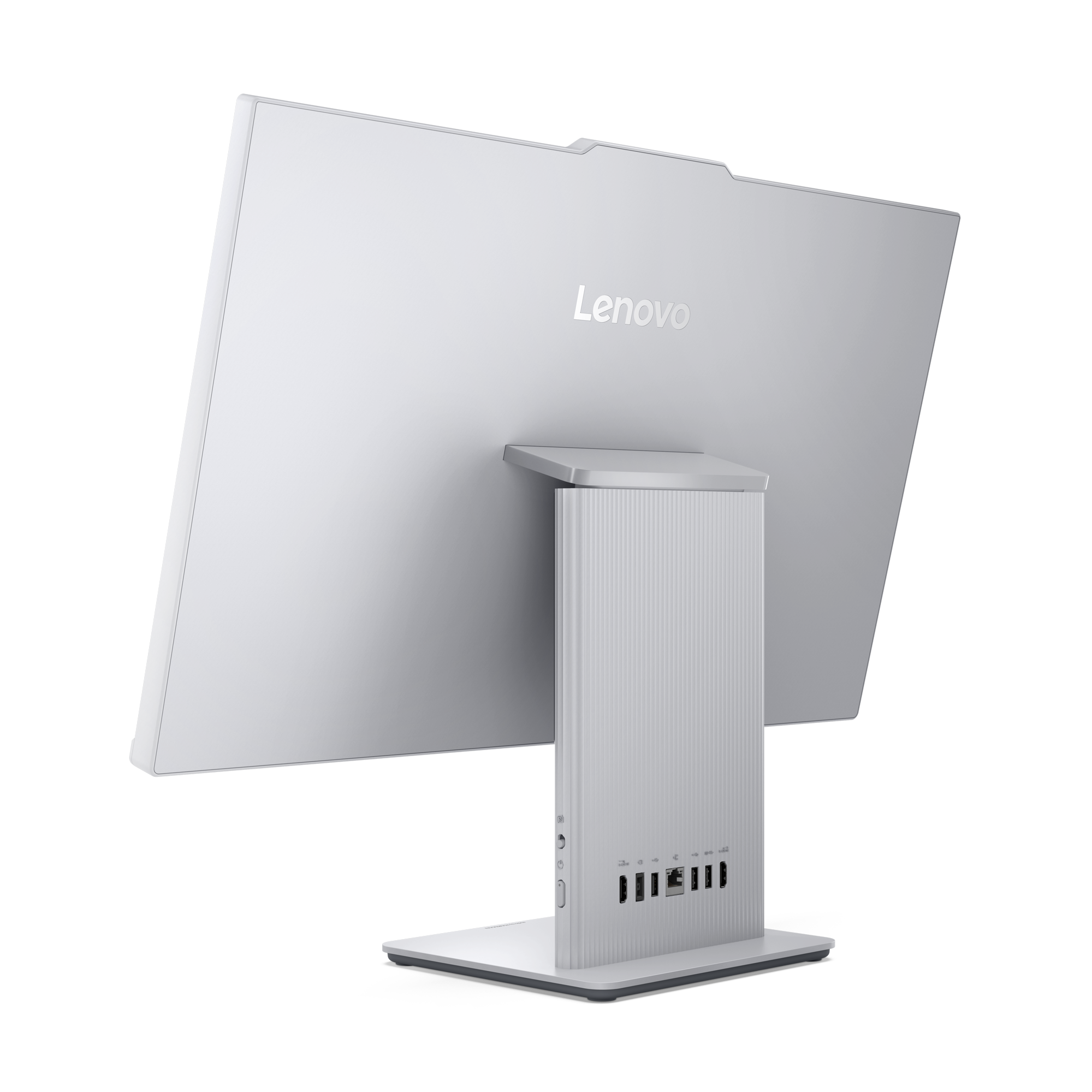 Rückseite eines Lenovo All-in-One-Computers. Silberfarben mit Lenovo-Logo. Anschlüsse und Ständer sichtbar.
