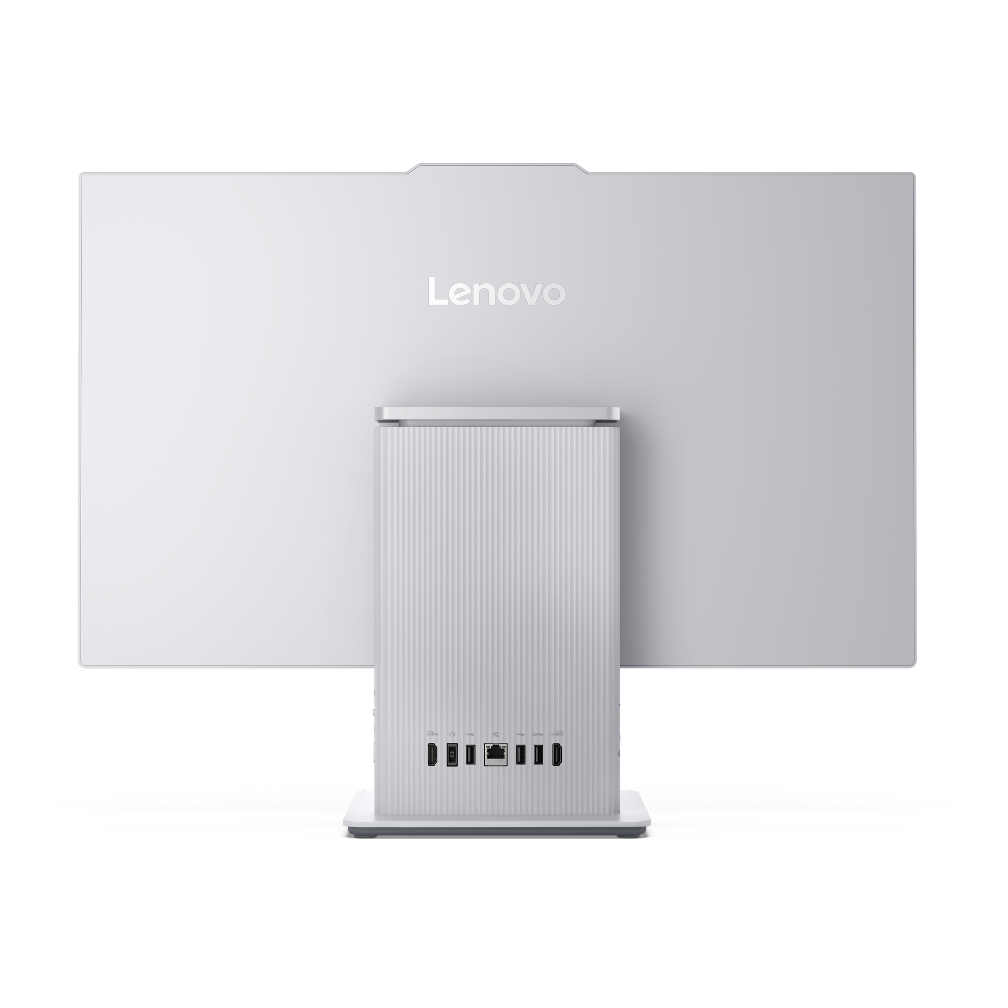 Die Rückseite eines weißen Lenovo All-in-One-Desktop-Computers. Anschlüsse sind auf der Rückseite zu sehen. Das Logo befindet sich in der Mitte.