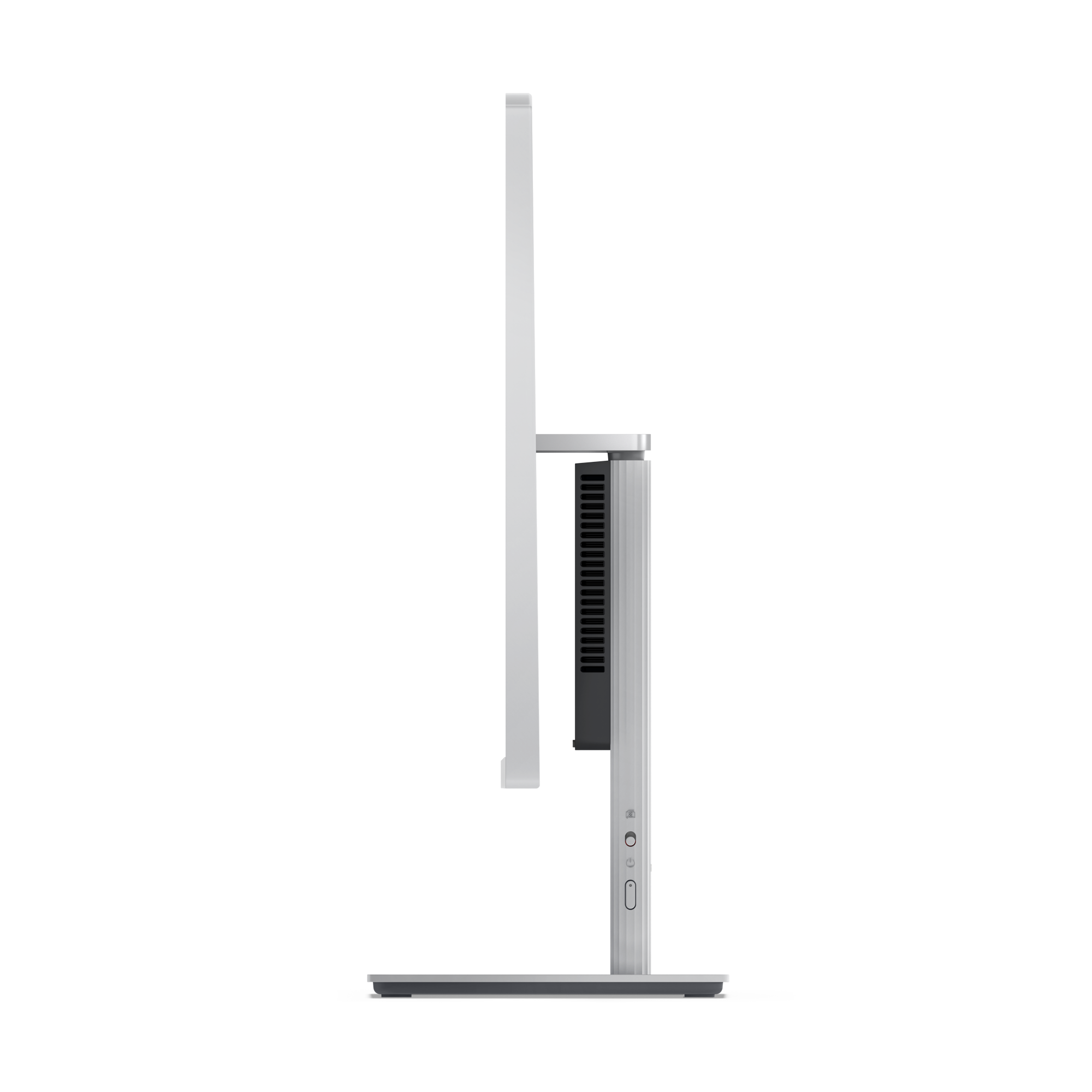 Seitenansicht eines silbernen Computermonitors. Er hat einen vertikalen Ständer mit Knöpfen und einen rechteckigen Bildschirm.