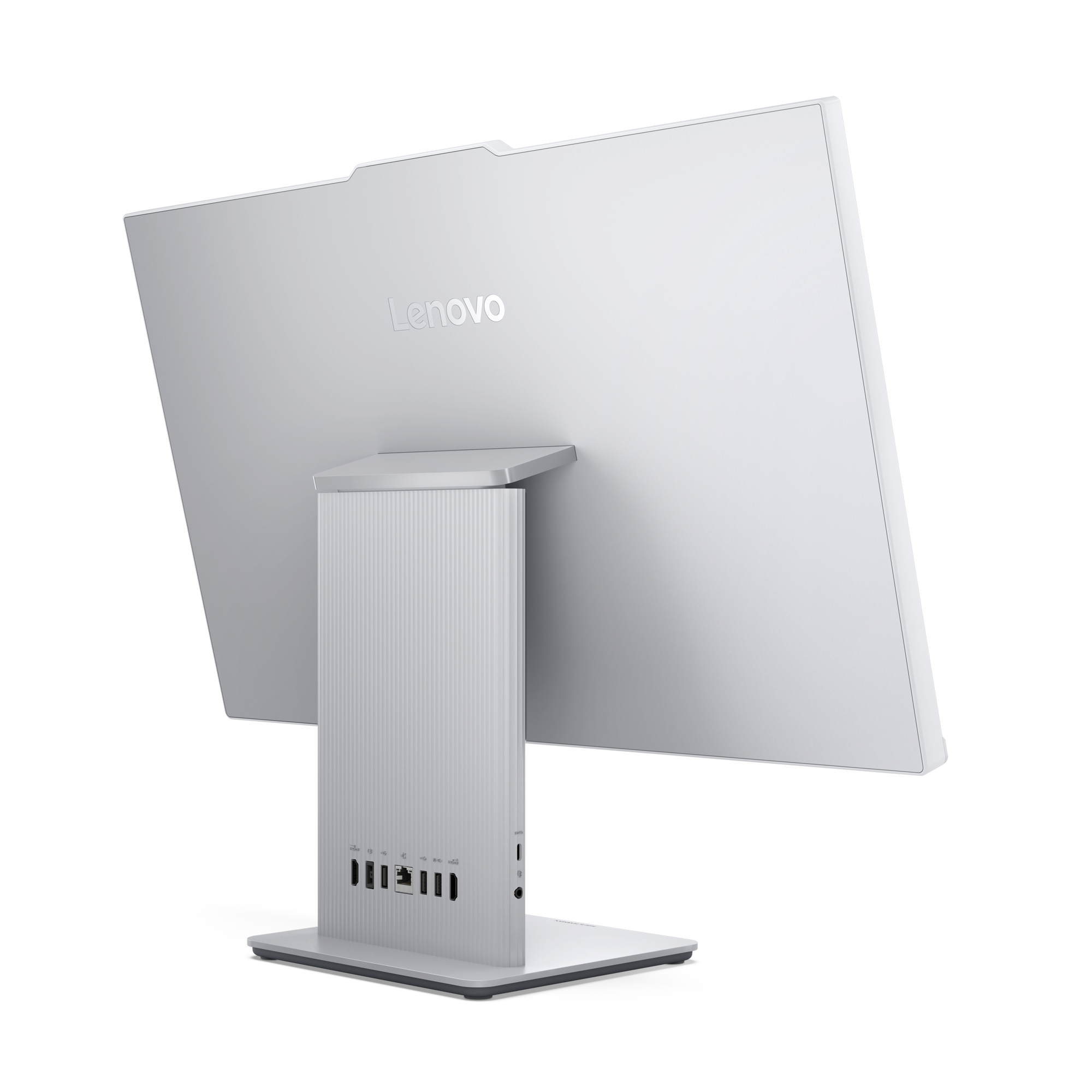 Rückseite eines Lenovo All-in-One-Computers. Es ist silberfarben mit Anschlüssen an der Unterseite, und das Logo ist sichtbar.