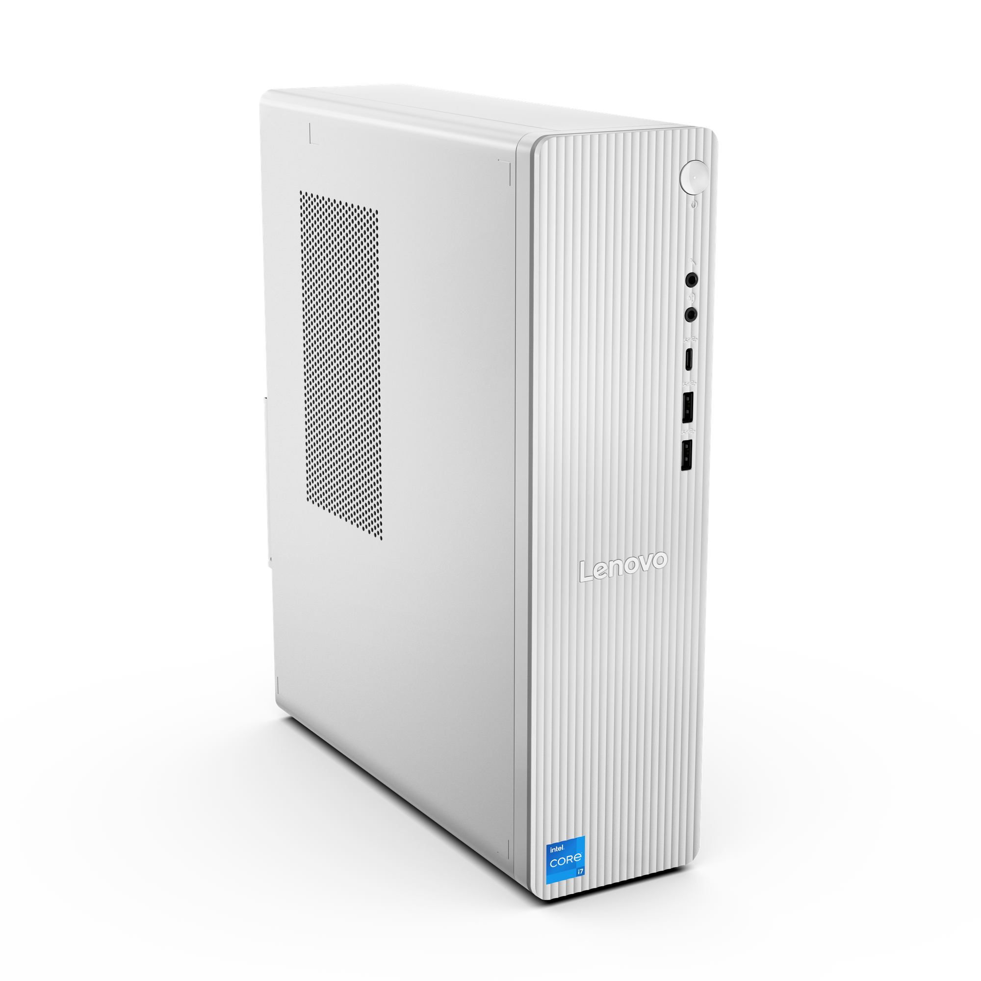 White Lenovo desktop computer with a textured front panel, black mesh vent, and Intel Core i7 sticker.