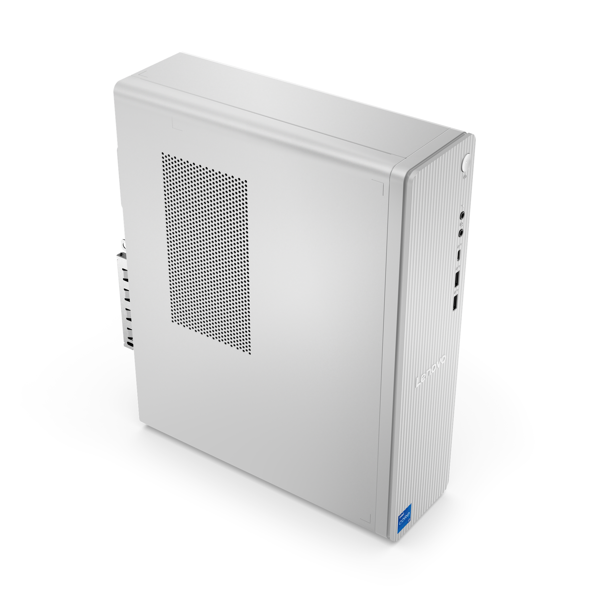 A white Lenovo desktop computer. It has a perforated side panel and vertical ridges. Black background.