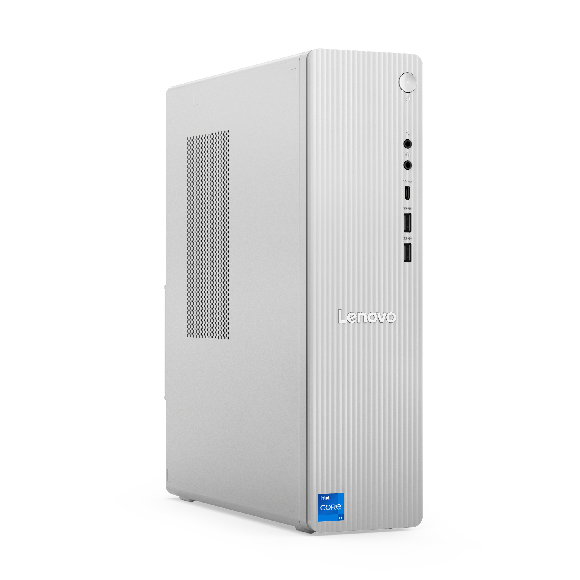 Weißer Lenovo-Desktop-Computer auf schwarzem Hintergrund. Er hat ein vertikales Design und den Intel Core i7-Aufkleber.