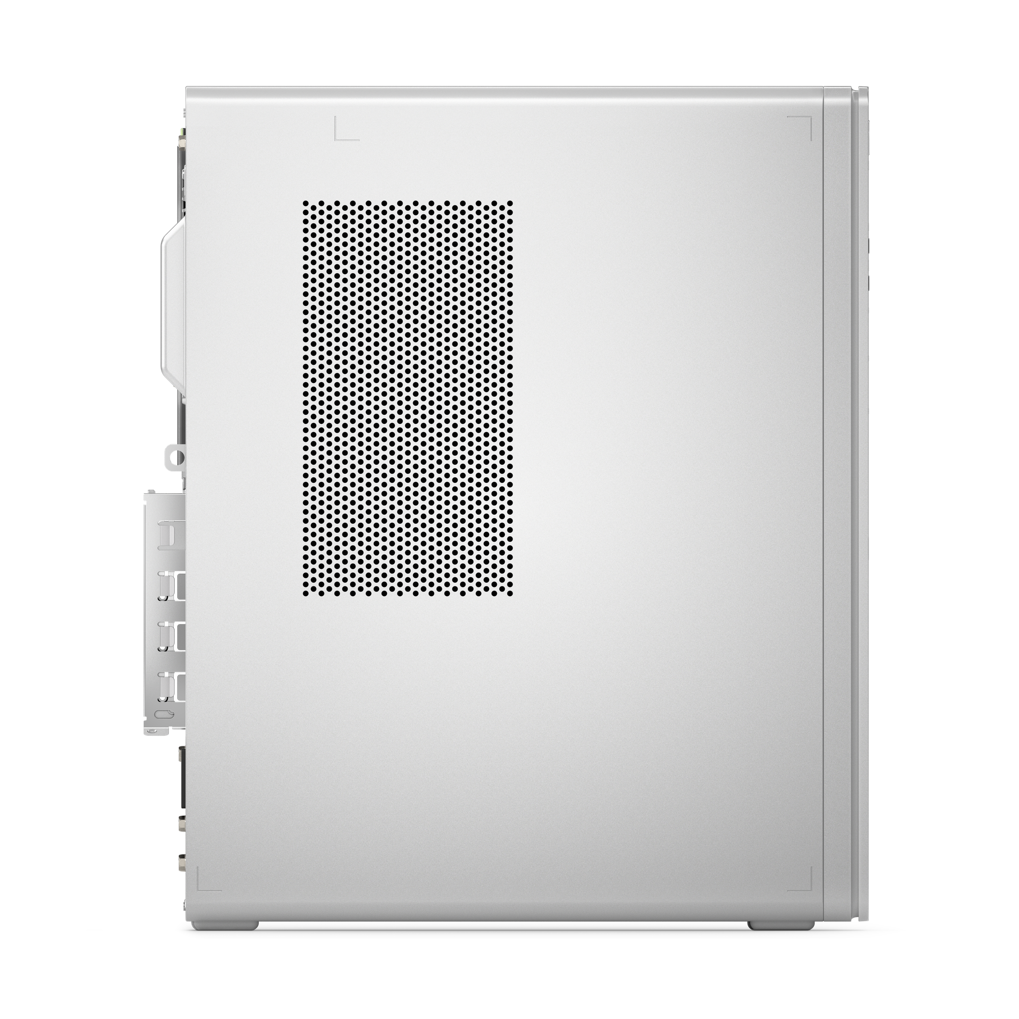 A silver computer case, side view, with a black perforated vent on the right side. The background is black.
