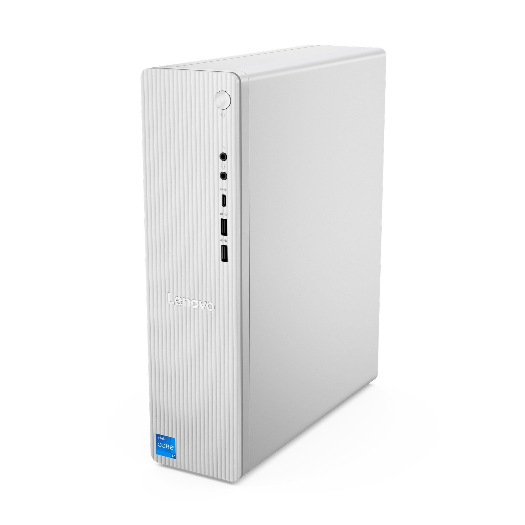 A white Lenovo desktop computer tower stands against a black background. It has vertical lines on the front.