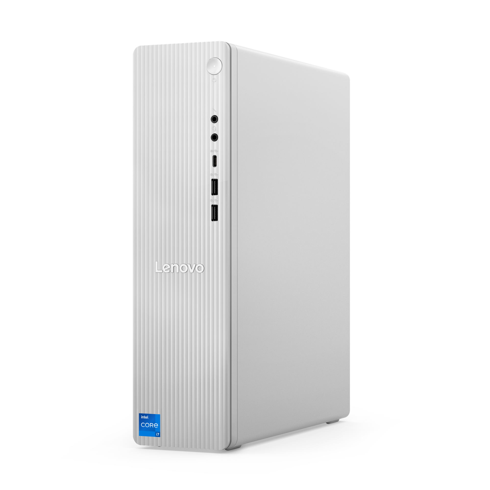 A white Lenovo desktop computer on a black background. The front has a vertical design and ports.