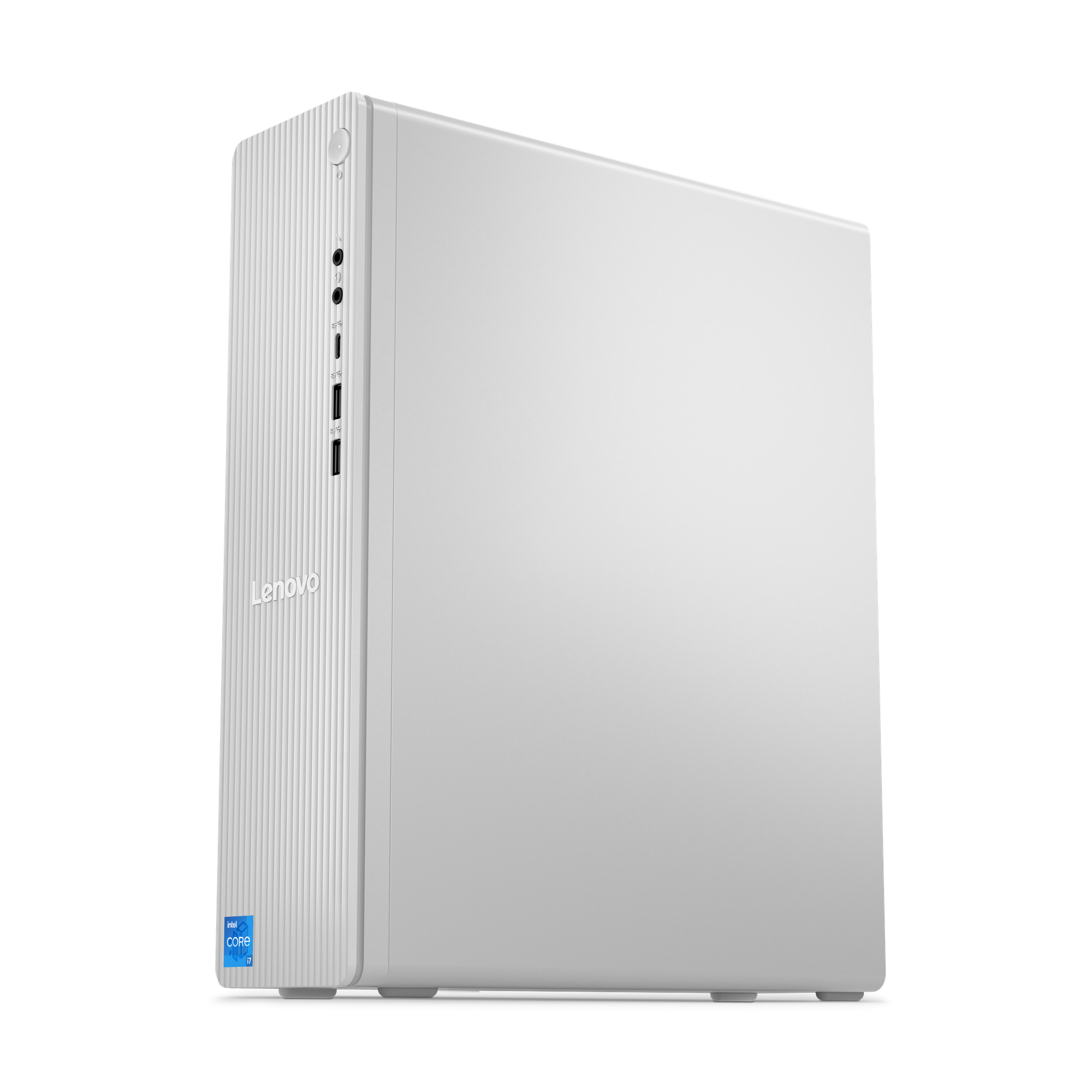 A white Lenovo desktop computer on a black background. It has a power button, ports, and an Intel Core i7 sticker.