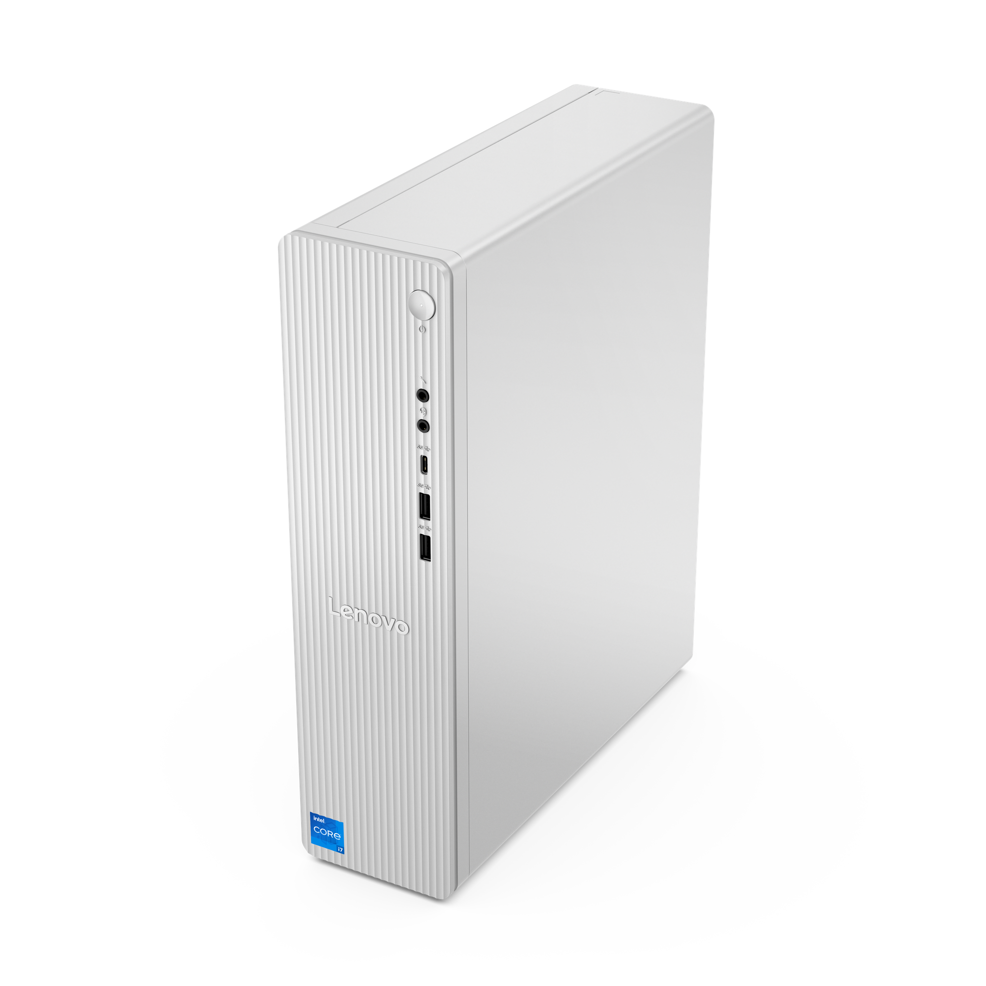 A white Lenovo desktop computer. It has a vertical design with ports and logos, set against a black background.