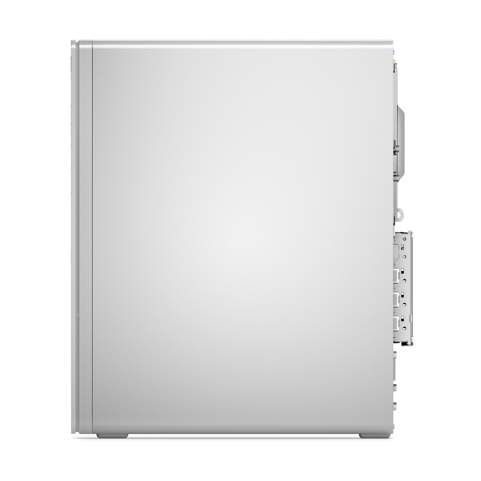 A computer tower is shown in a vertical orientation against a black backdrop. The tower is light gray.