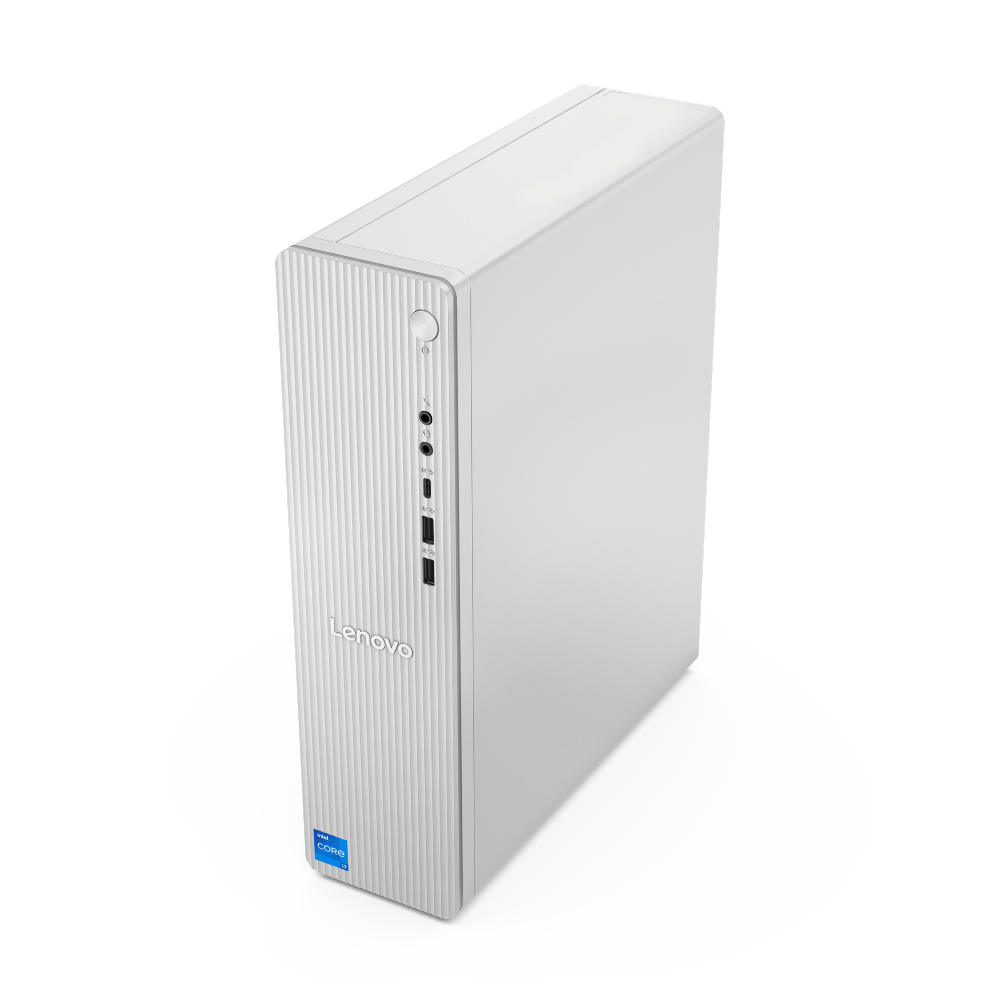 A white Lenovo desktop computer on a black background. It has a power button, ports, and the Intel Core i7 sticker.