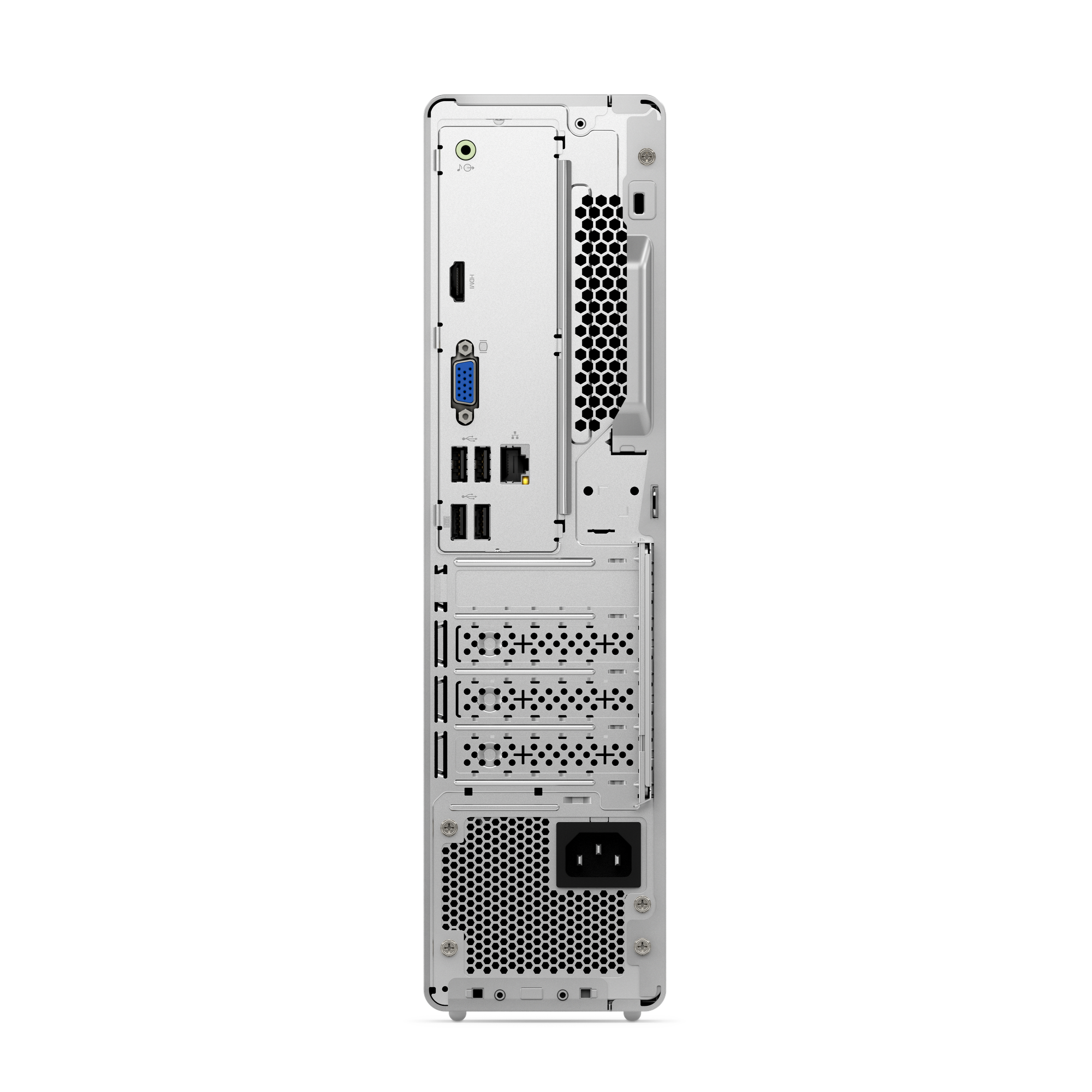 The back of a white desktop computer case is shown against a black background. Ports and vents are visible.