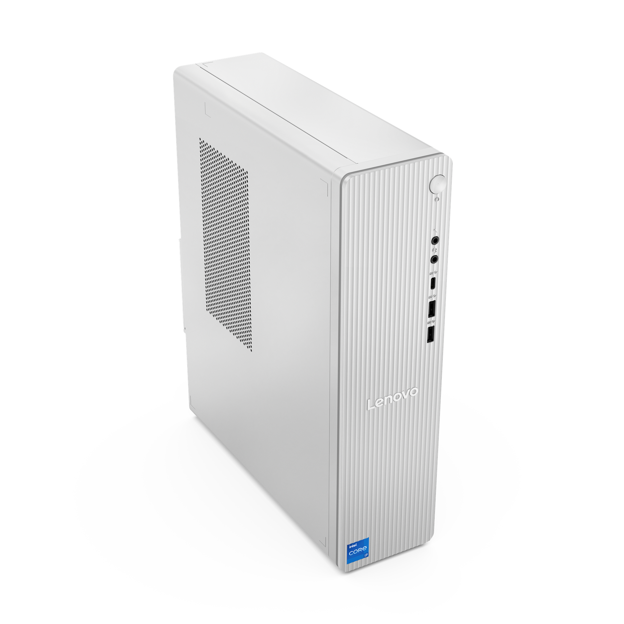 A white Lenovo desktop computer. It has a ridged front and a perforated side panel. Intel Core i7 sticker is visible.