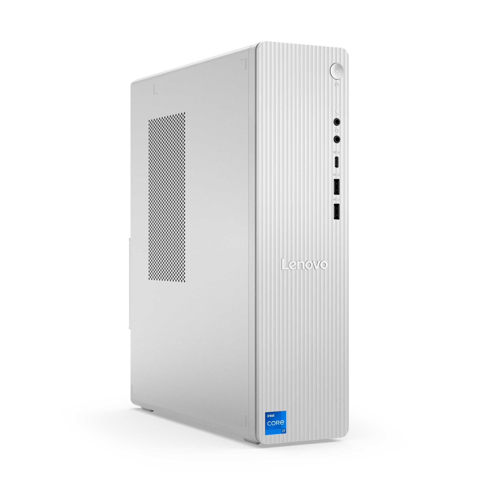 White Lenovo desktop computer with Intel Core i7 sticker. Black background. Features power button and ports.