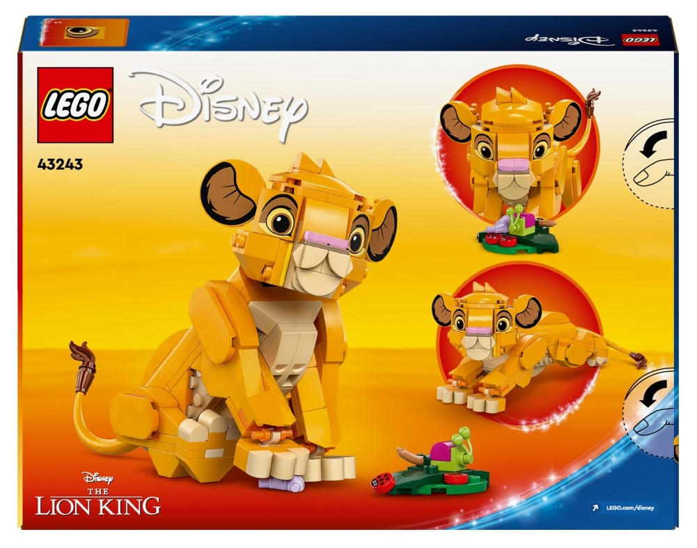 Pudełko zestawu LEGO Disney Król Lew. Model Simby w środku, inne modele Simby w okręgach. Logo Króla Lwa znajduje się na dole.