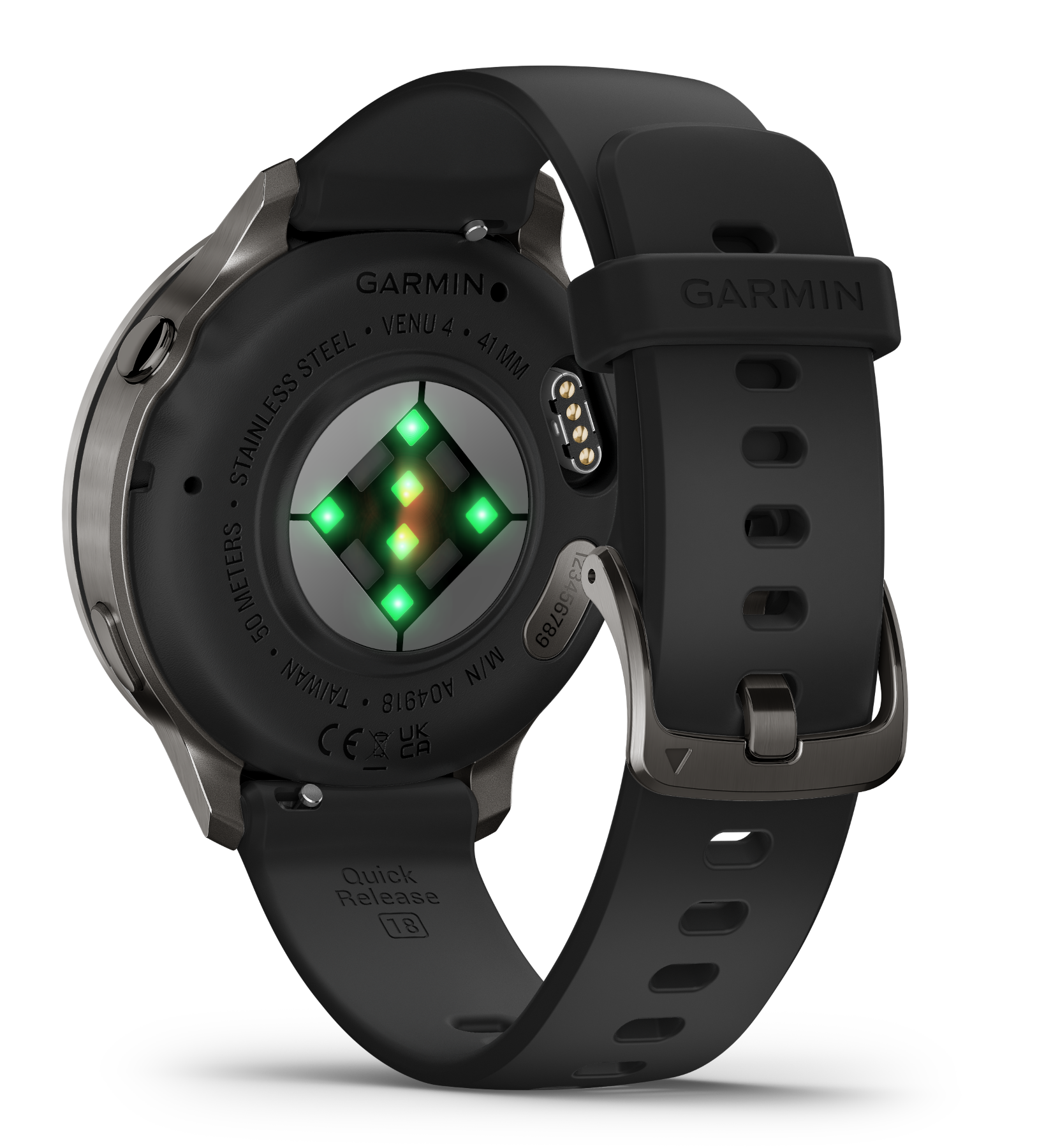 Tył smartwatcha Garmin Venu 4. Ma czarny pasek, obudowę ze stali nierdzewnej i czujnik tętna.