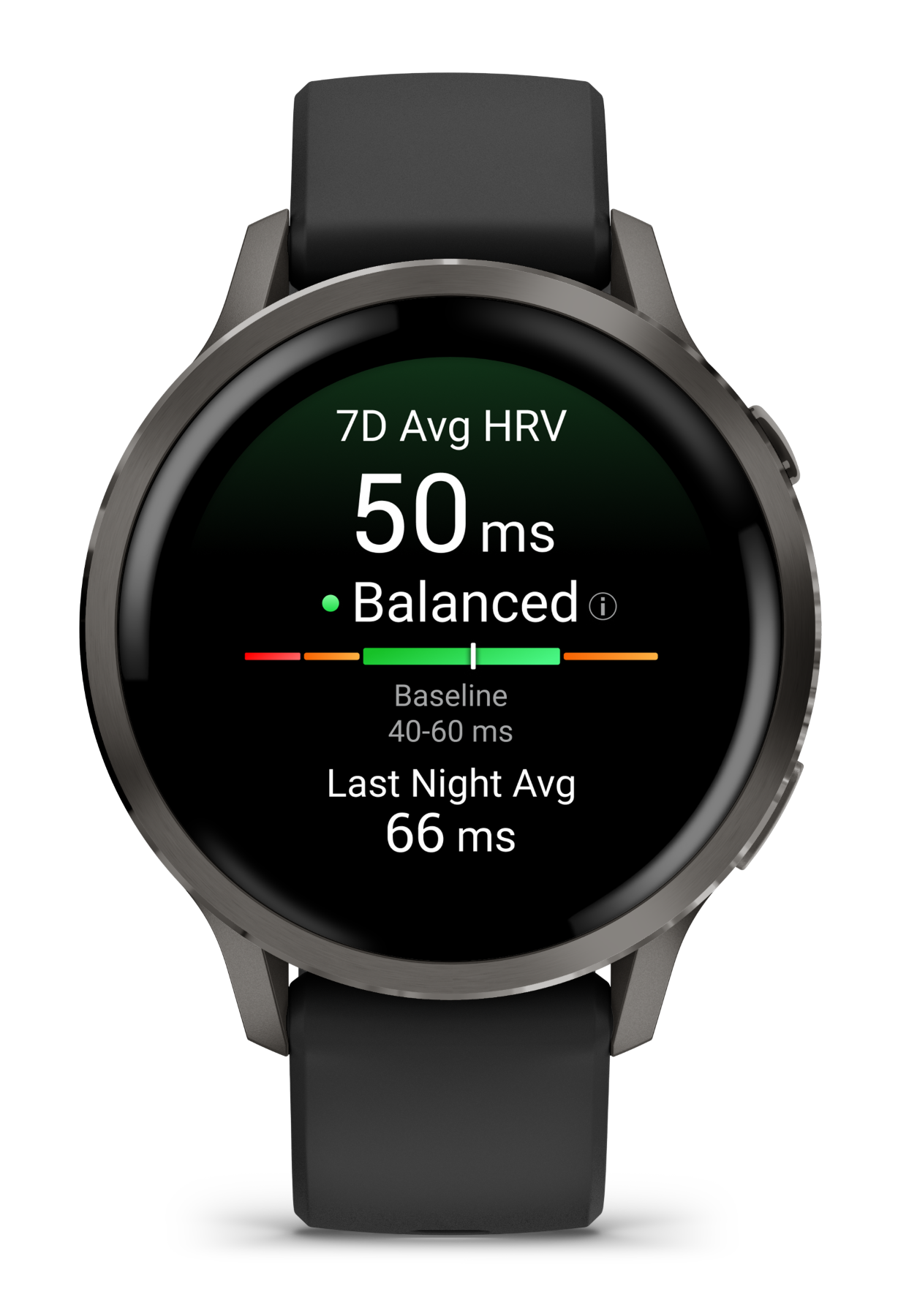 Smartwatch wyświetla dane zmienności rytmu serca (HRV). Pokazuje 50 ms jako średnią HRV z 7 dni, wskazując stan zrównoważony.