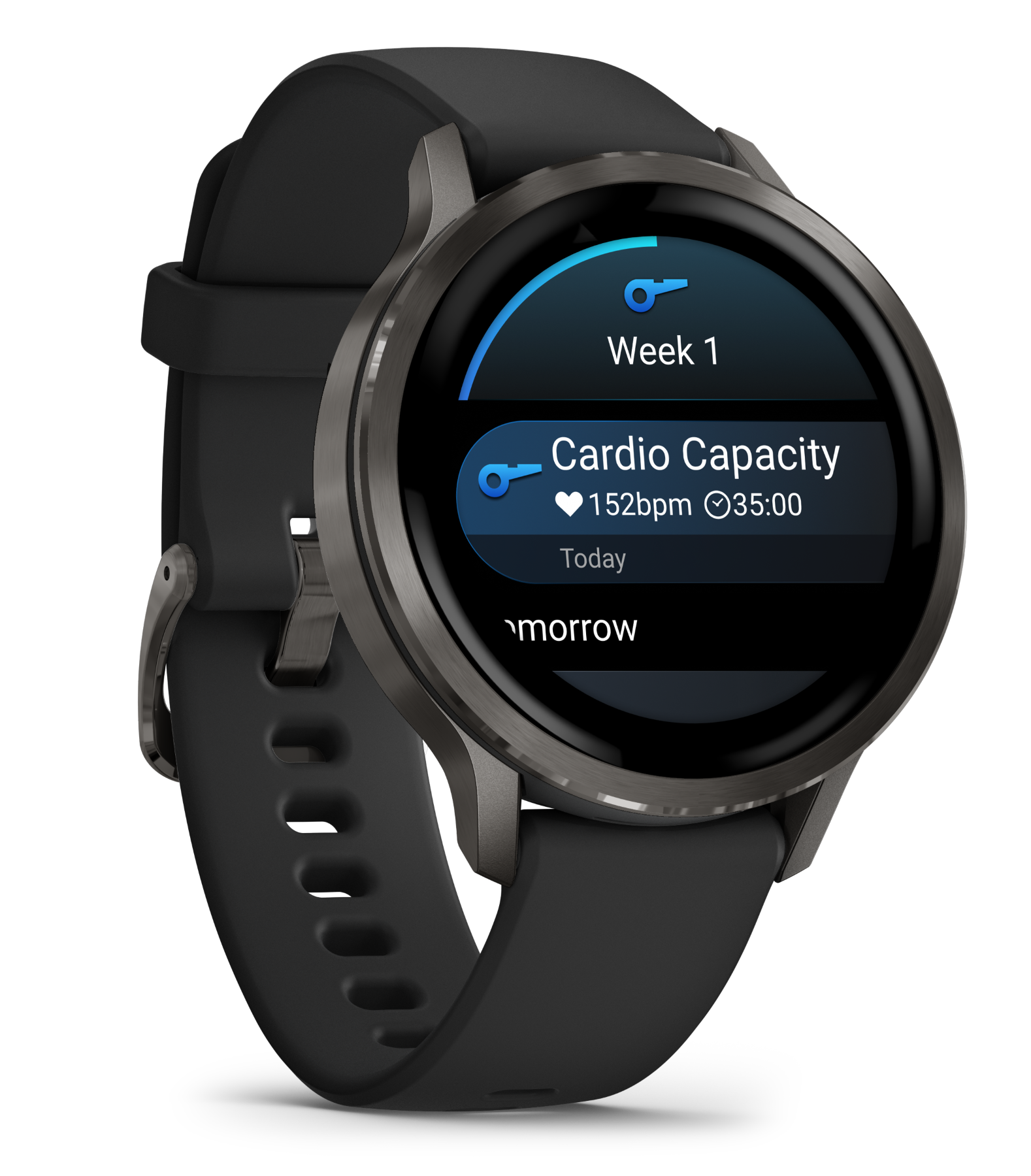 Czarny smartwatch wyświetla 'Cardio Capacity' z tętnem, czasem trwania i statystykami tygodnia 1 na czarnym tle.
