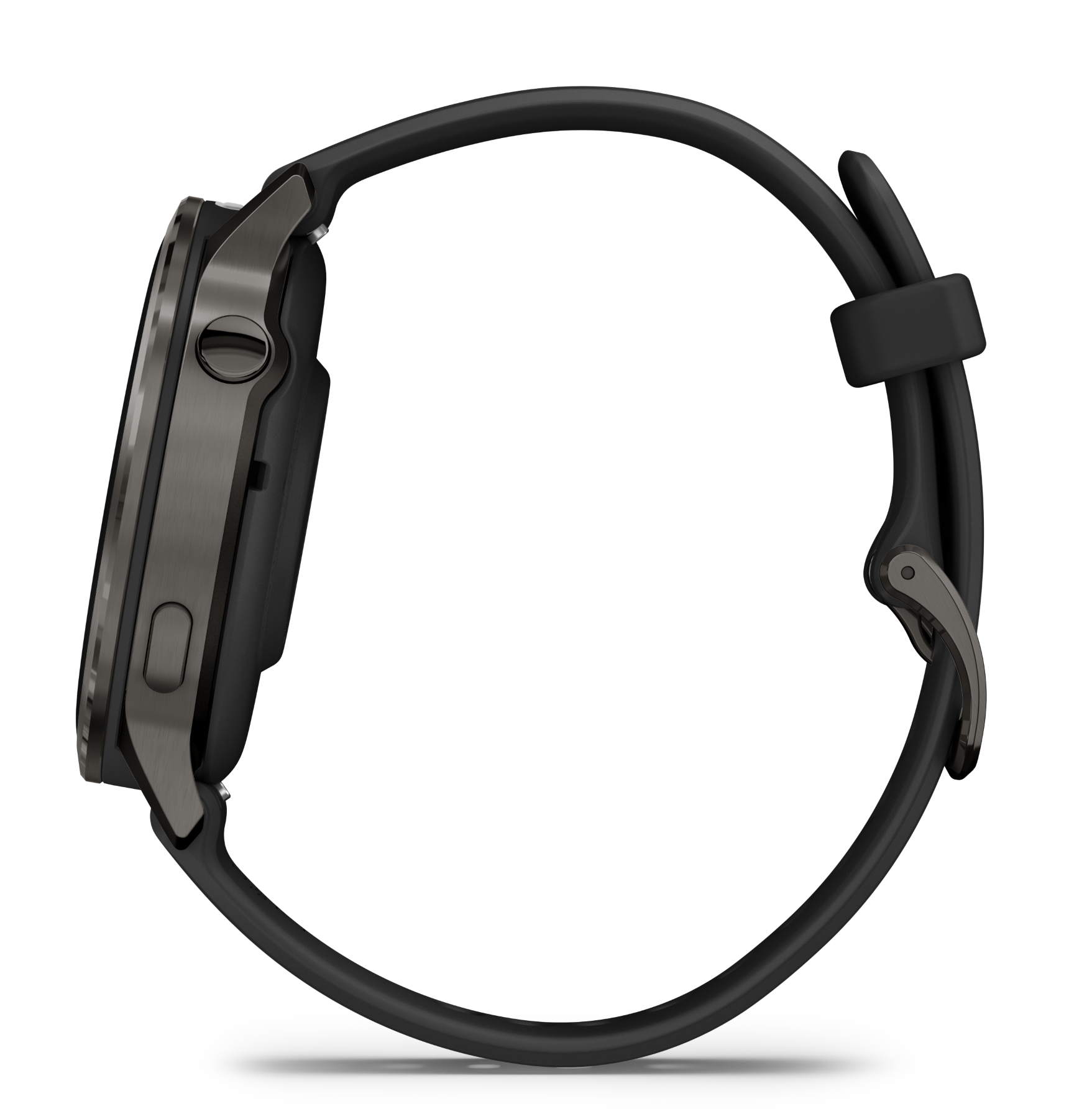 Widok z boku czarnego smartwatcha z ciemnoszarą ramką i czarnym paskiem, na czarnym tle.