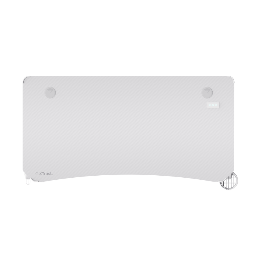 Dispositivo rectangular blanco con esquinas redondeadas. Tiene dos botones circulares y tres luces pequeñas. La parte inferior tiene una rueda.
