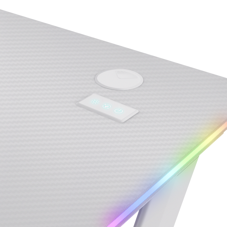 Escritorio blanco con panel de control y temporizador. El borde del escritorio tiene una luz LED colorida. La superficie tiene un patrón tejido.