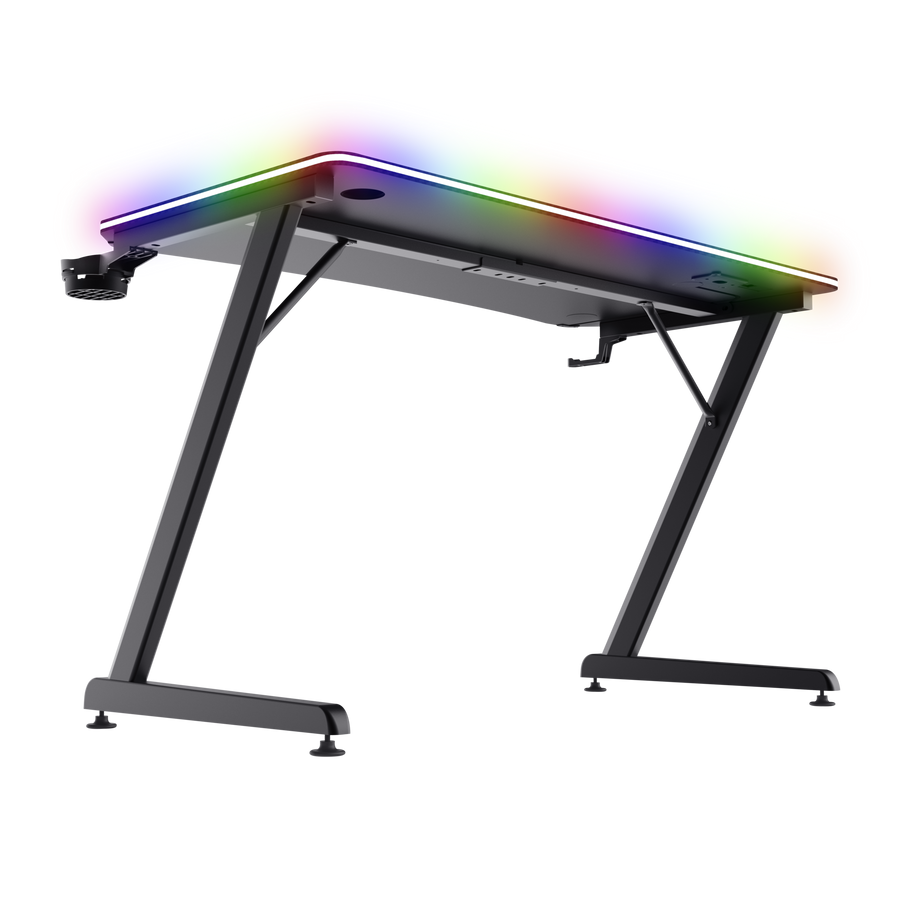 Escritorio gaming con marco negro y parte superior con luces LED de colores. El escritorio tiene patas en forma de Z.