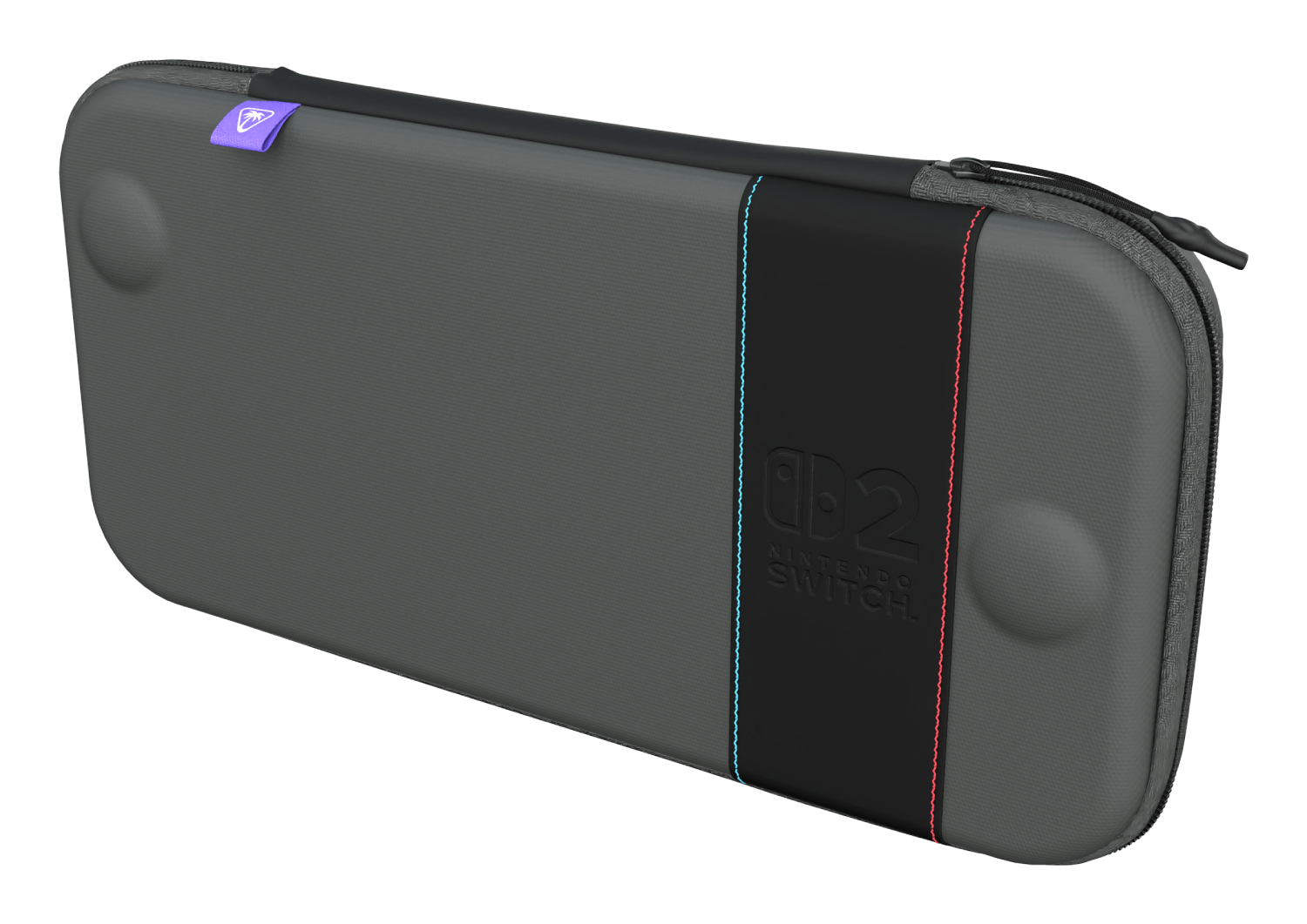 Una funda gris para Nintendo Switch con una franja negra y el logotipo de Nintendo Switch. Detalle de costuras azules y rojas.