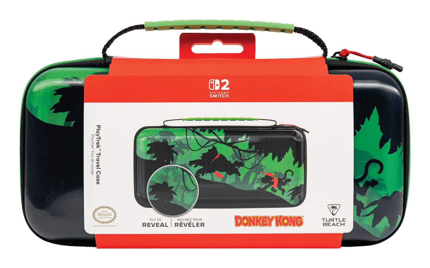 Una funda de viaje Nintendo Switch, negra con diseño de selva verde, logotipo de Donkey Kong. La funda tiene un asa y está en una caja.