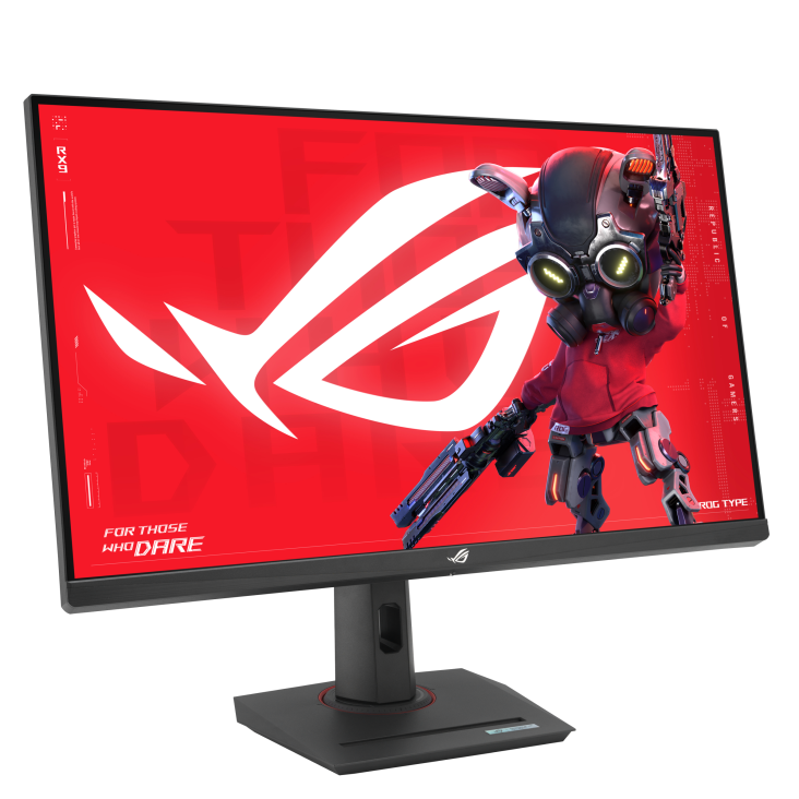 Un monitor gaming muestra un personaje robot sobre un fondo rojo. El monitor es negro con soporte. El robot tiene un arma.