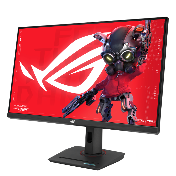 Monitor con fondo rojo, logo ROG y personaje robot con arma.