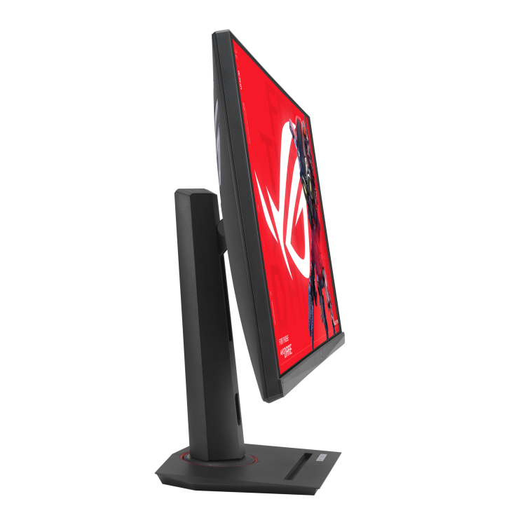 Vista lateral de un monitor de computadora negro. La pantalla muestra un fondo rojo con un logotipo blanco. El monitor está sobre un soporte negro.
