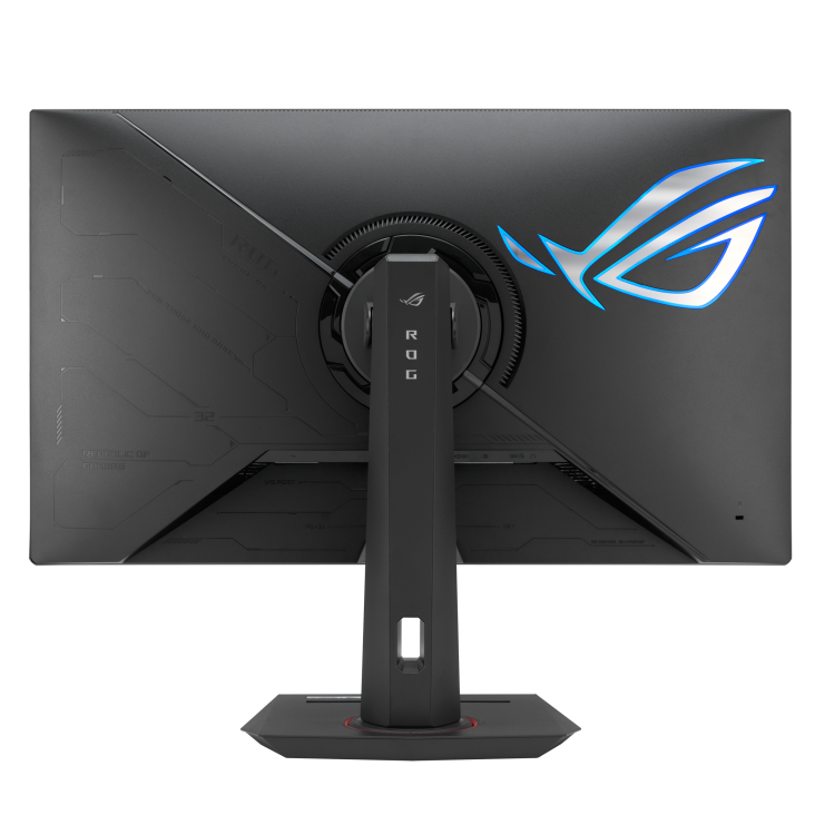 La parte trasera de un monitor ROG negro. Tiene un soporte, el logotipo ROG con luces azules y detalles de texto.
