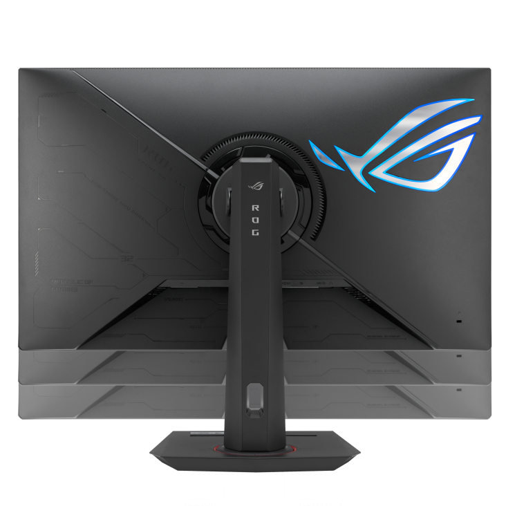La parte trasera de un monitor gaming ROG negro. Un logotipo azul brillante es visible. El soporte y la base son negros.