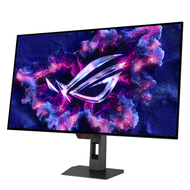 Un monitor de computadora con fondo oscuro. La pantalla muestra un diseño abstracto con un logotipo. Tiene un soporte negro.