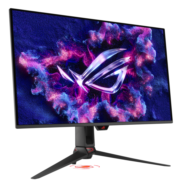 Un monitor de computadora muestra un diseño abstracto de remolinos azules, púrpuras y rosas. El monitor tiene un logotipo plateado y un soporte negro.