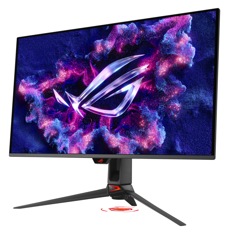 Un monitor para juegos que muestra un fondo abstracto y colorido con el logotipo de ROG. El monitor tiene un soporte negro con tres patas.