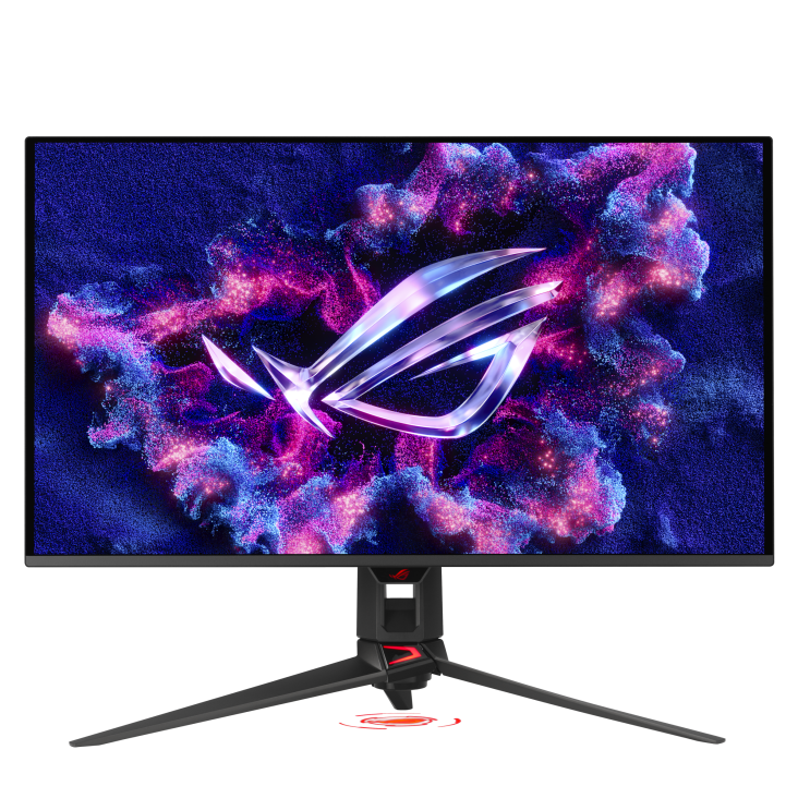 Un monitor de juegos muestra una imagen abstracta colorida con el logotipo de ROG. El monitor tiene un soporte negro con detalles rojos.