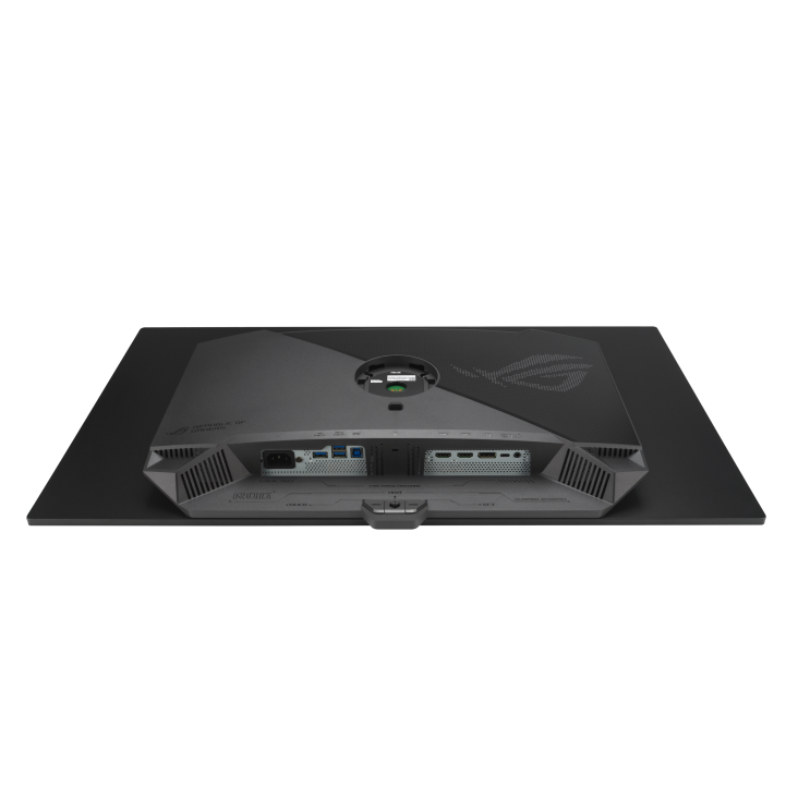 La parte trasera de un monitor de computadora negro. Tiene puertos, un logotipo ROG y una conexión de alimentación.