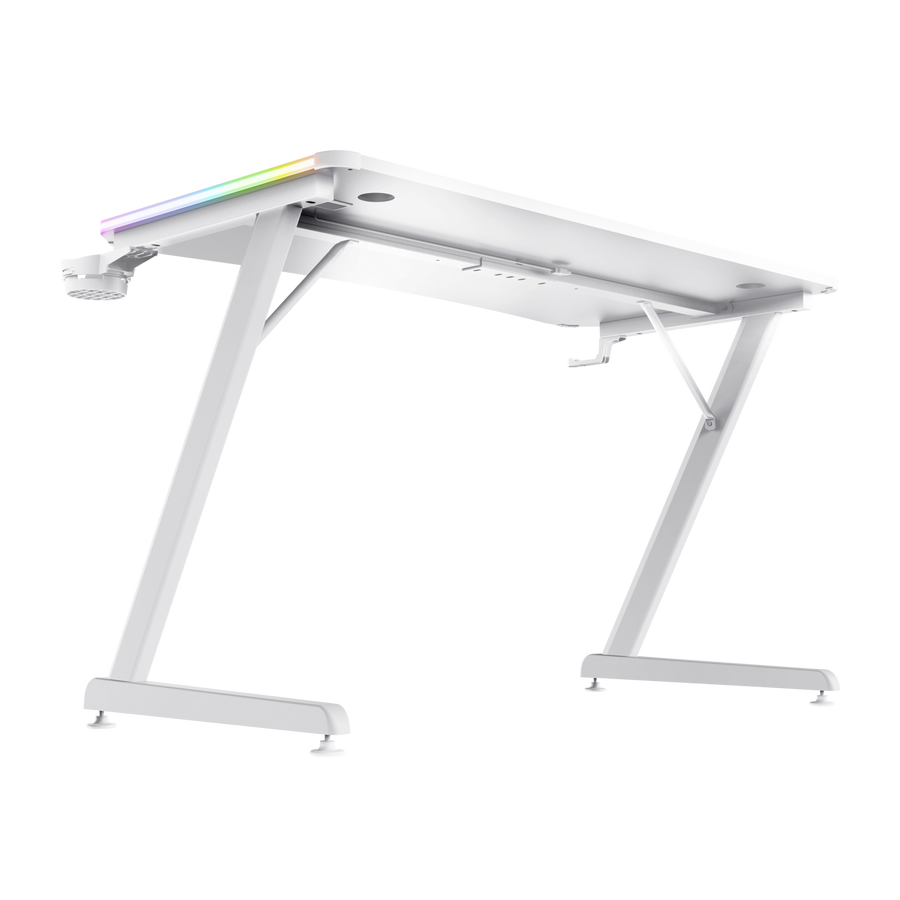 Un escritorio gaming blanco con patas en forma de Z. El escritorio tiene una tira LED colorida y un portavasos.