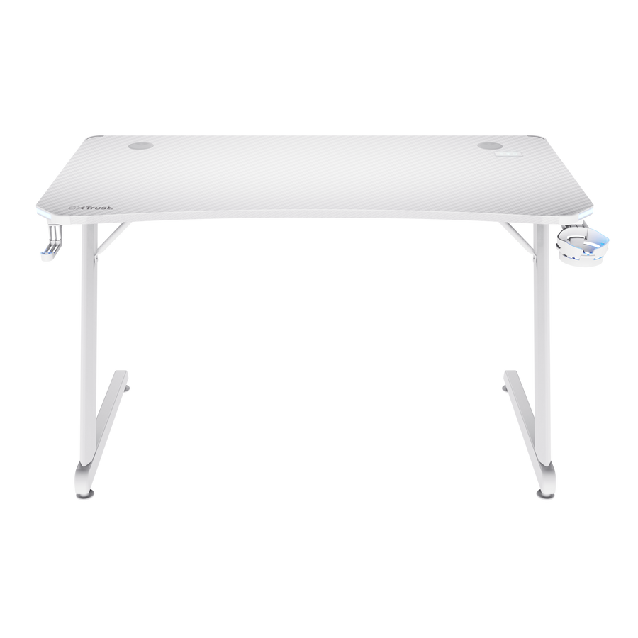 Escritorio gaming blanco con portavasos y soporte para auriculares. Superficie texturizada y fondo negro.