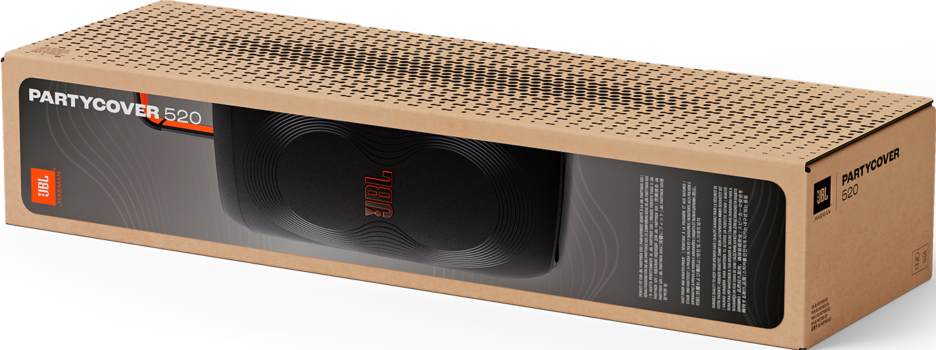 Ein JBL PartyCover 520 Lautsprecher in seiner Pappschachtel. Die Box ist braun mit schwarzem Lautsprecher und orangefarbenem JBL-Logo.