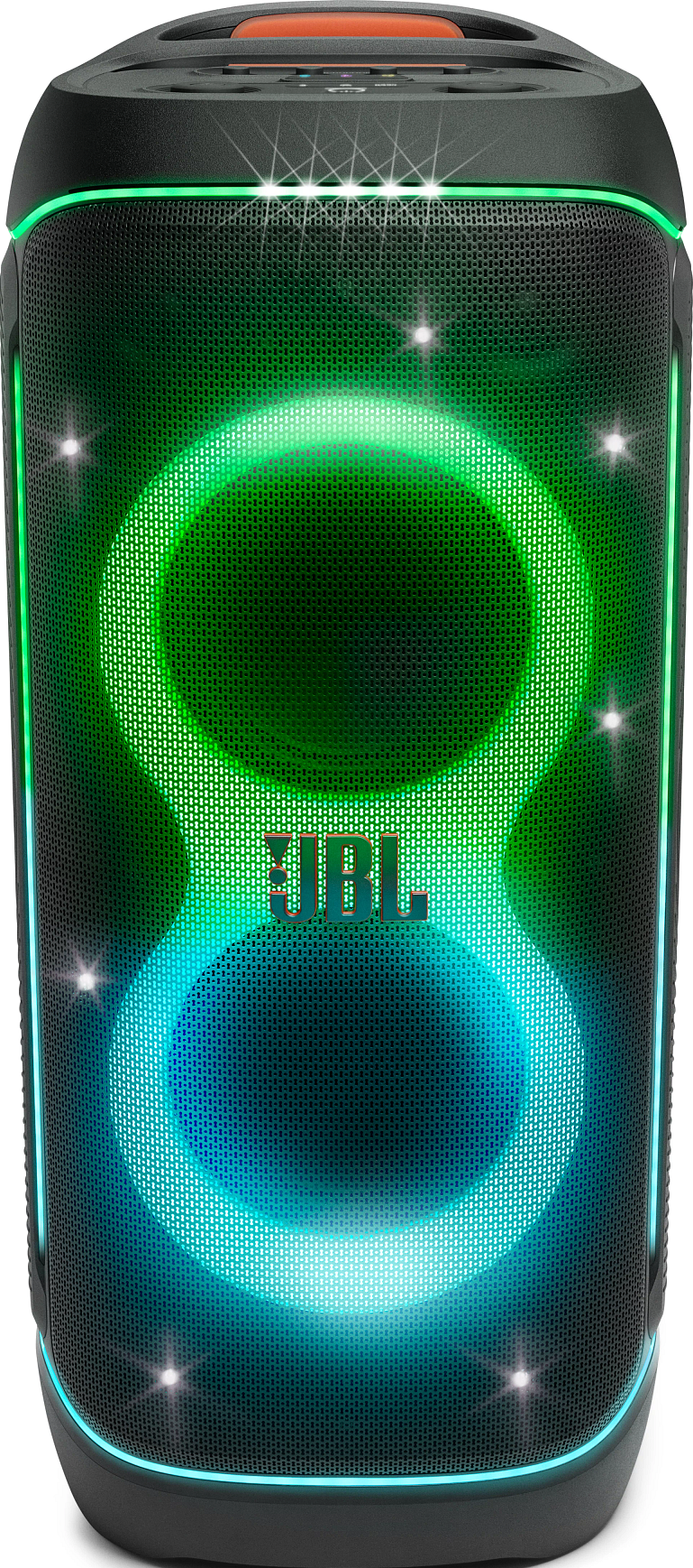 Un haut-parleur JBL noir avec des cercles verts et bleus brillants à l'avant. Le logo JBL est visible.
