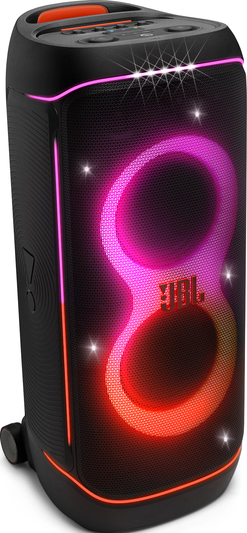 Haut-parleur JBL noir avec des accents roses et rouges lumineux. Le haut-parleur a une façade en maille et une poignée sur le dessus.