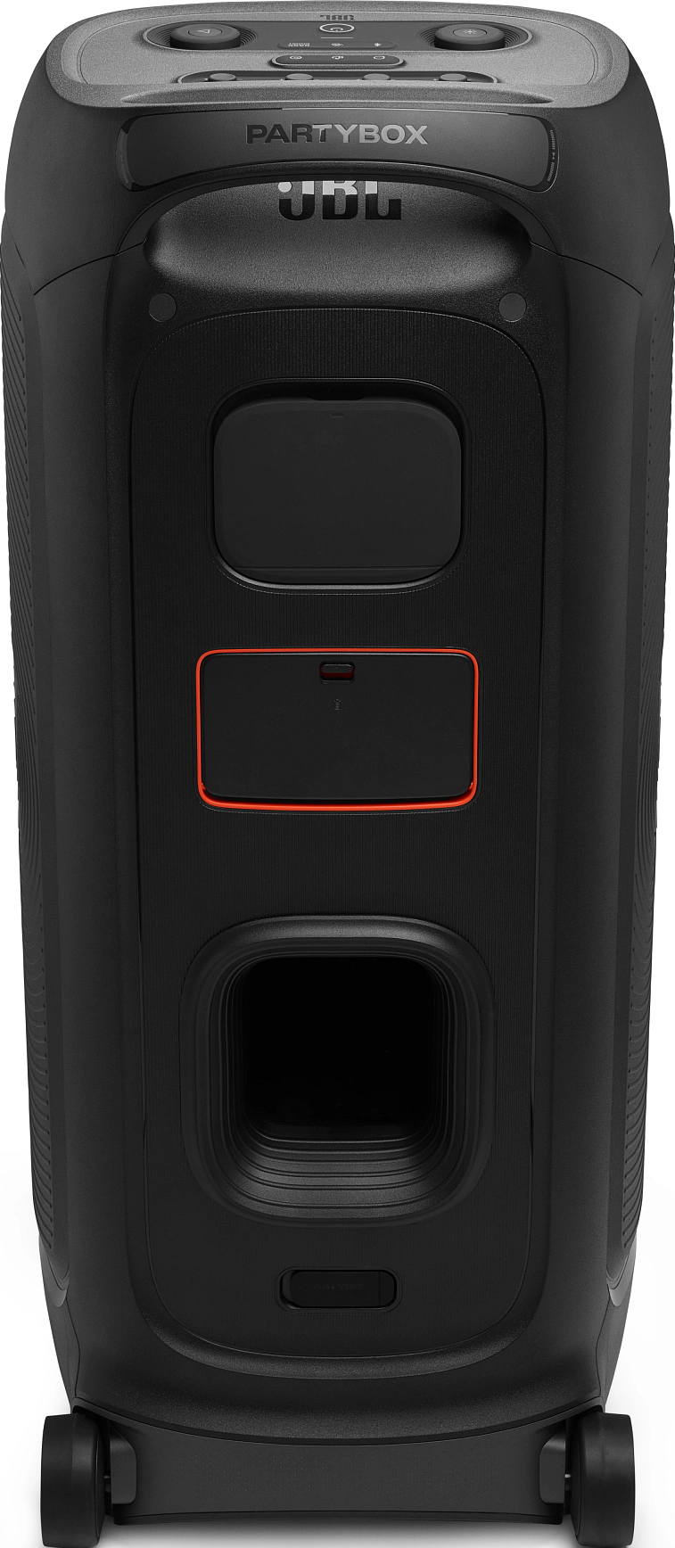 Haut-parleur JBL Partybox noir. Dispose de commandes supérieures, logo Partybox et panneau central avec ports. Roues en bas.