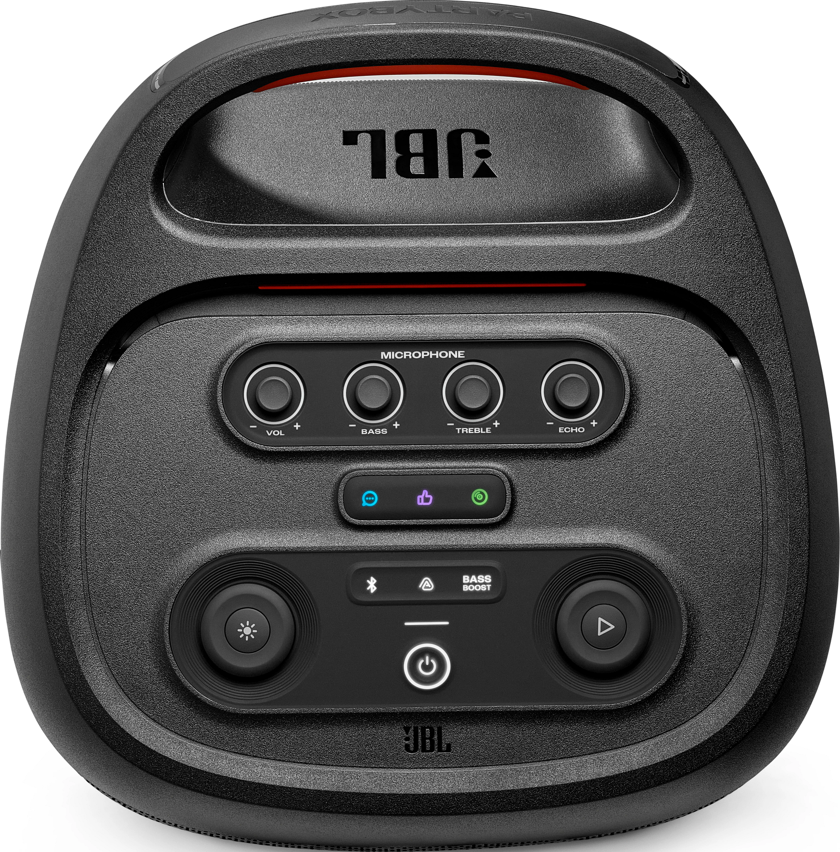 Enceinte JBL PartyBox noire. Elle possède des boutons de contrôle pour le volume, les basses, les aigus, l'écho, etc.