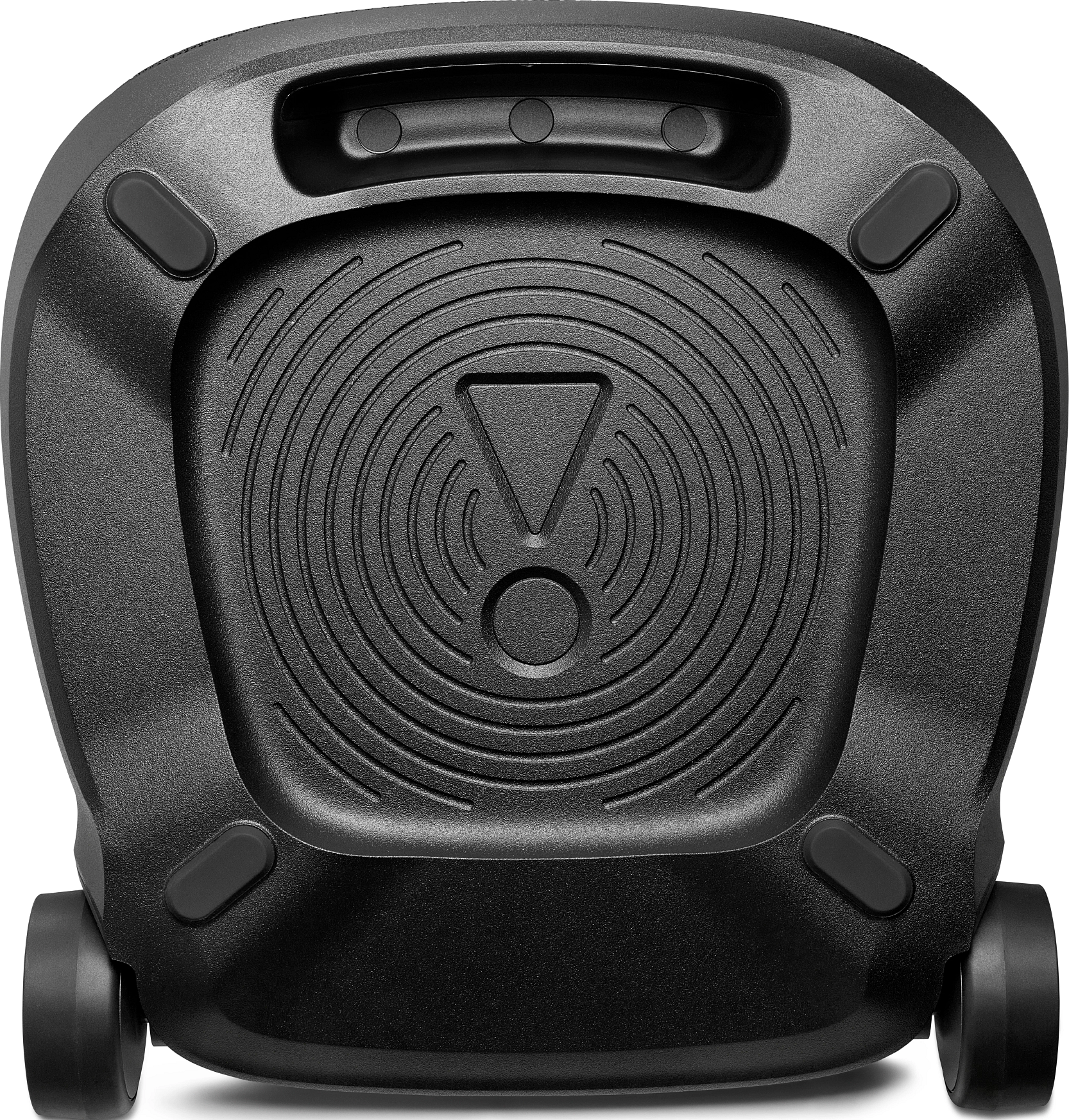Base de haut-parleur noire avec poignée, surface texturée et logo. Inclut des roues.