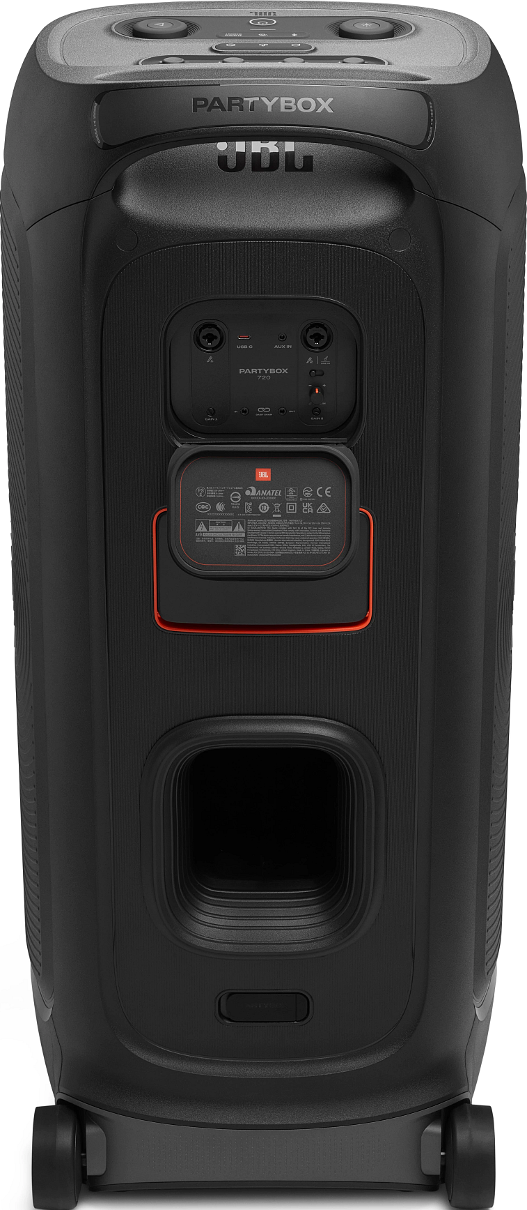 Enceinte noire JBL PartyBox 720. Elle est équipée de roues, d'un panneau de commande et de ports USB et AUX. Le dos a un design rectangulaire.